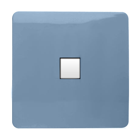 1 Gang Ethernet Outlet in sky blue, screwless square plate with central white RJ45 port module, plain white background.