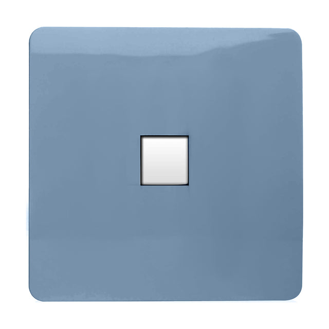 1 Gang Ethernet Outlet in sky blue, screwless square plate with central white RJ45 port module, plain white background.