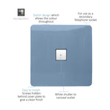 Sky blue 1 gang ethernet outlet with screwless square plate and central white shutter, shown with labelled callouts on a white background.