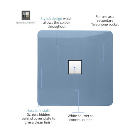 Sky blue 1 gang ethernet outlet with screwless square plate and central white shutter, shown with labelled callouts on a white background.