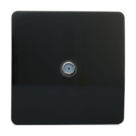 1 Gang Satellite Outlet in piano black, a screwless square plate with a single chrome F-type connector at its centre, shown on a plain white background.