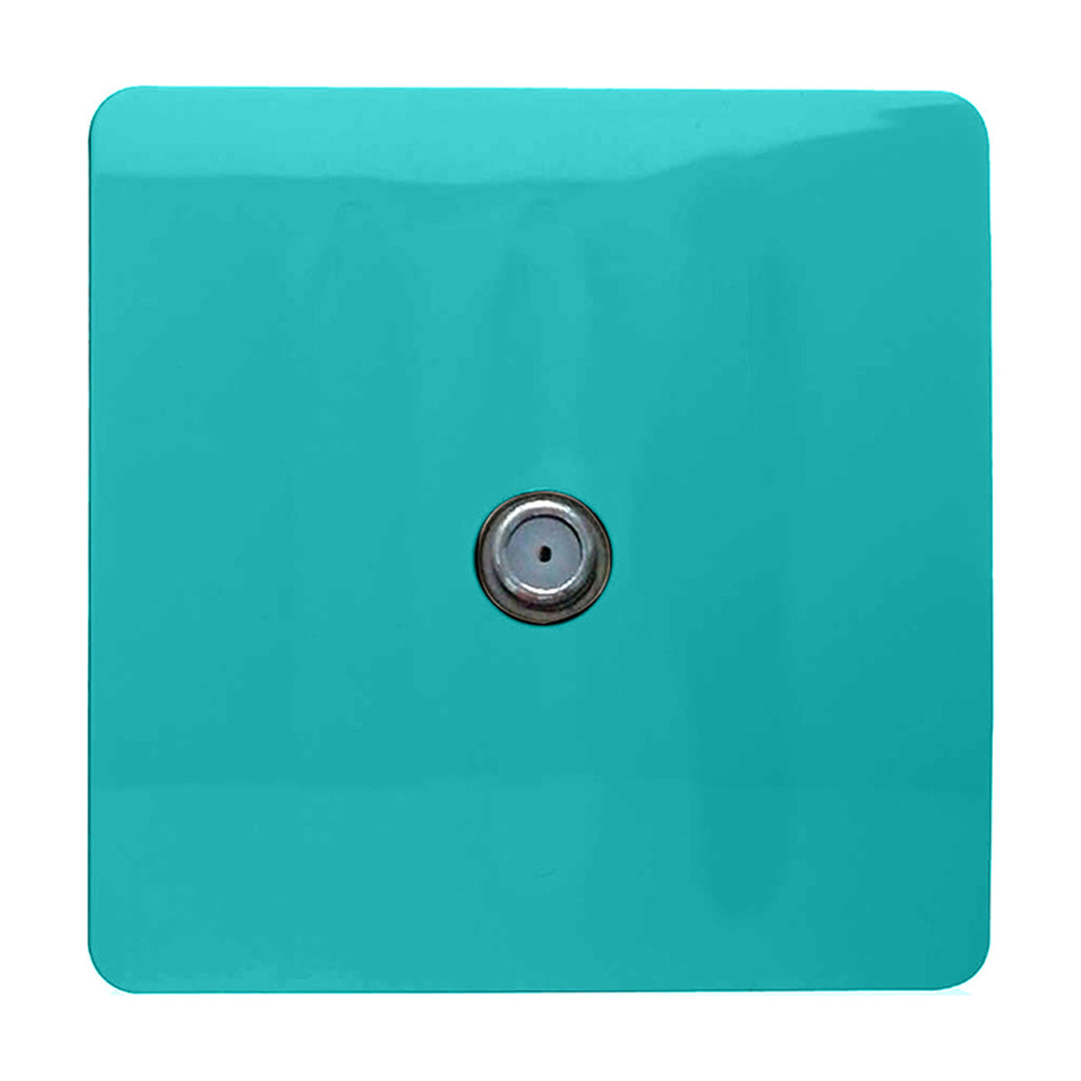 1 Gang Satellite Outlet in bright teal, square screwless plate with a single central F-type coaxial connector in chrome, shown on a plain white background.