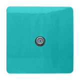 1 Gang Satellite Outlet in bright teal, square screwless plate with a single central F-type coaxial connector in chrome, shown on a plain white background.