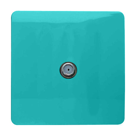 1 Gang Satellite Outlet in bright teal, square screwless plate with a single central F-type coaxial connector in chrome, shown on a plain white background.