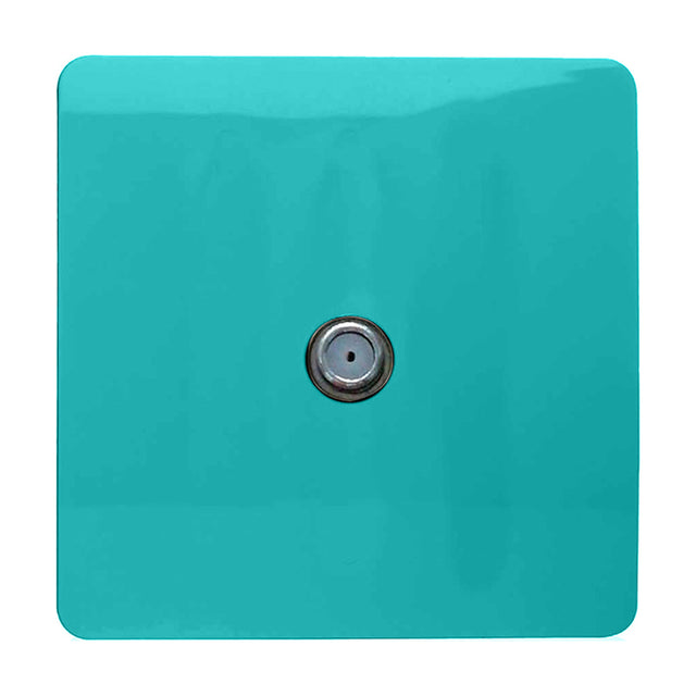 1 Gang Satellite Outlet in bright teal, square screwless plate with a single central F-type coaxial connector in chrome, shown on a plain white background.