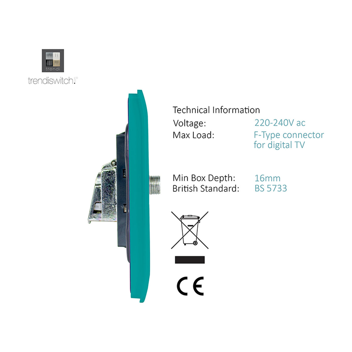 Side profile of a 1 Gang Satellite Outlet in bright teal, screwless square plate with F-type connector and metal mounting bracket, technical specifications shown on white background.