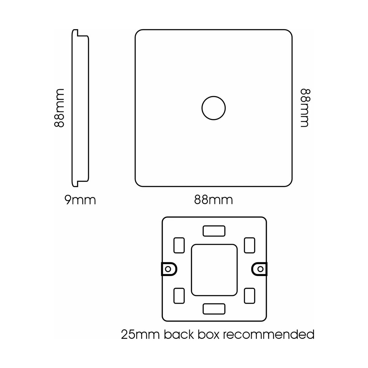 Diagram of a 1 Gang F-Type Satellite Socket in Carbon Fibre finish, showing front, side, and rear views with 88mm screwless plate, central connector, 9mm depth, and 25mm back box layout.