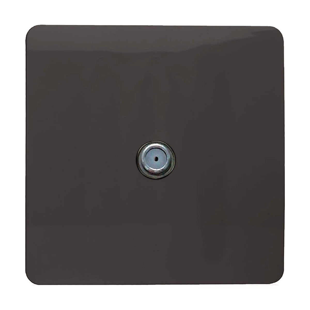 Square 1 gang satellite outlet in dark brown with a centred F-type connector, screwless flat plate, shown on a plain white background.