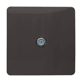 Square 1 gang satellite outlet in dark brown with a centred F-type connector, screwless flat plate, shown on a plain white background.