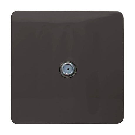 Square 1 gang satellite outlet in dark brown with a centred F-type connector, screwless flat plate, shown on a plain white background.