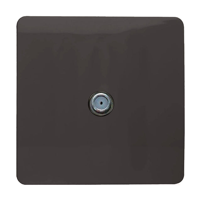 Square 1 gang satellite outlet in dark brown with a centred F-type connector, screwless flat plate, shown on a plain white background.