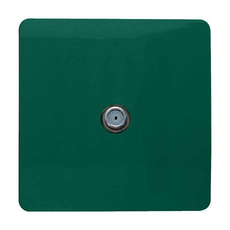 1 Gang Satellite Outlet in dark green, a screwless square plate with a central chrome F-type connector, shown on a plain white background.