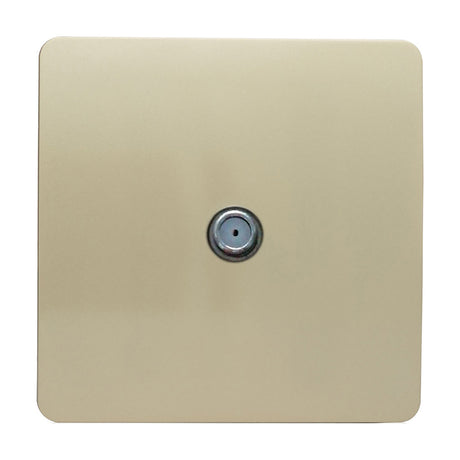 Square 1 gang satellite outlet in champagne gold with a screwless flat plate and single F-type connector, shown on a plain white background.