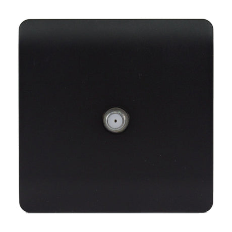 1 Gang Satellite Outlet in matt black, square screwless plate with a central F-type satellite connector, on a plain white background.