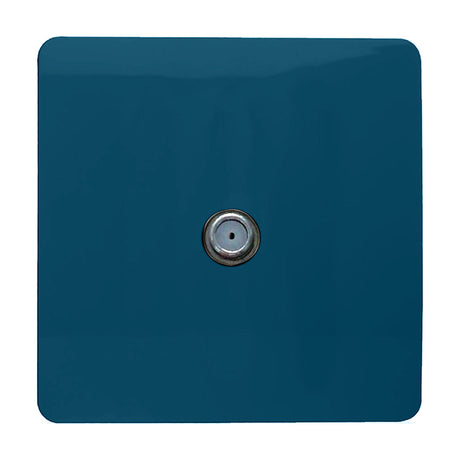 1 Gang Satellite Outlet in midnight blue with a screwless square plate and central chrome F-type coaxial connector, shown on a plain white background.