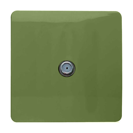 Square 1 gang satellite outlet in moss green with a screwless plate and central chrome F-type connector, shown on a plain white background.