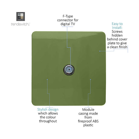 1 Gang Satellite Outlet in moss green, screwless square plate with central F-type connector, labelled diagram showing design and installation features on a white background.