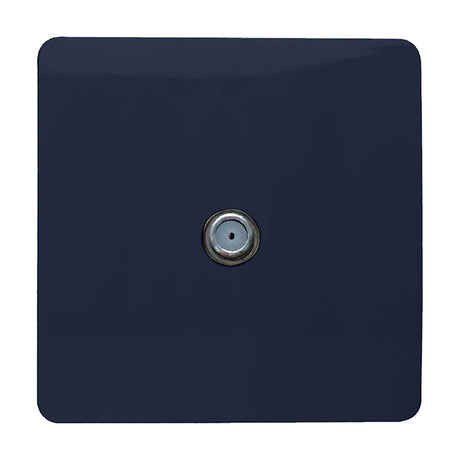 1 Gang Satellite Outlet in navy blue, a screwless square plate with a single threaded F-type connector, shown on a plain white background.