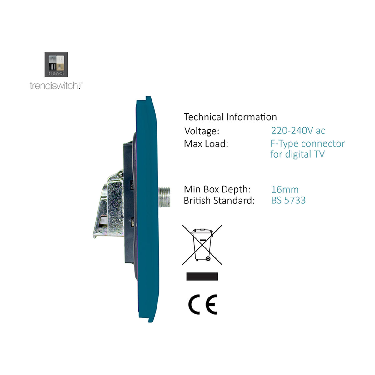 Side profile of the 1 Gang Satellite Outlet in ocean blue, showing the screwless plate depth, metal mounting bracket, and F-type connector on a white background.