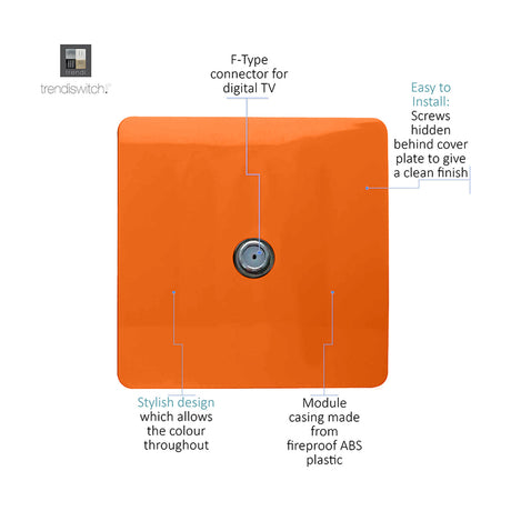 1 Gang Satellite Outlet in orange, screwless flat square plate with a central F-type connector, ABS casing, hidden fixing screws.