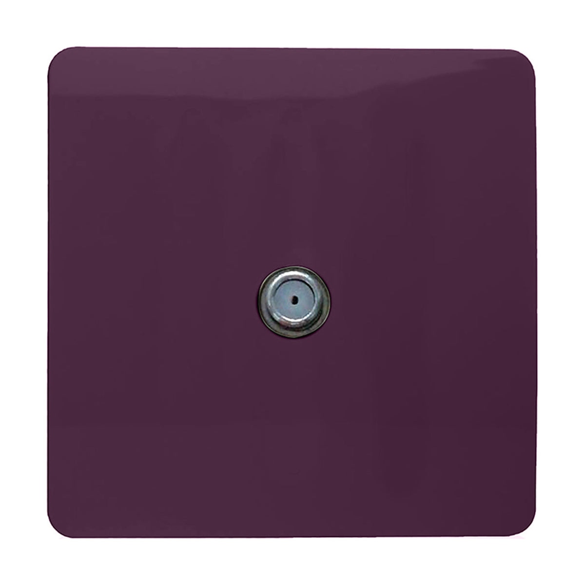 Square plum-coloured 1 gang satellite outlet with a screwless plate and central F-type connector, shown on a plain white background.