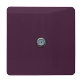 Square plum-coloured 1 gang satellite outlet with a screwless plate and central F-type connector, shown on a plain white background.