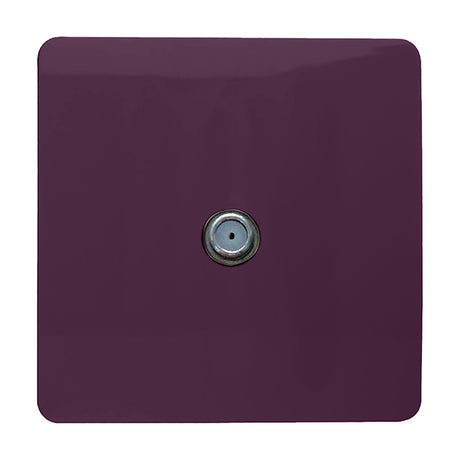 Square plum-coloured 1 gang satellite outlet with a screwless plate and central F-type connector, shown on a plain white background.
