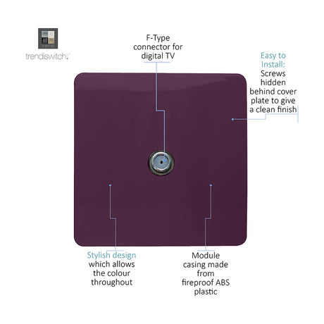 1 Gang Satellite Outlet in plum, square screwless plate with central F-type connector, diagram highlighting design and installation features.