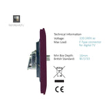 Side profile of a 1 Gang Satellite Outlet in plum, showing the screwless faceplate, metal mounting bracket, and F-type connector, on a white background.
