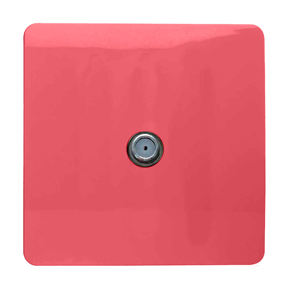 1 Gang Satellite Outlet in strawberry pink, a square screwless plate with a single central F-type connector, shown on a plain white background.