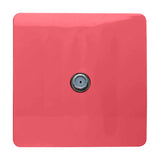 1 Gang Satellite Outlet in strawberry pink, a square screwless plate with a single central F-type connector, shown on a plain white background.