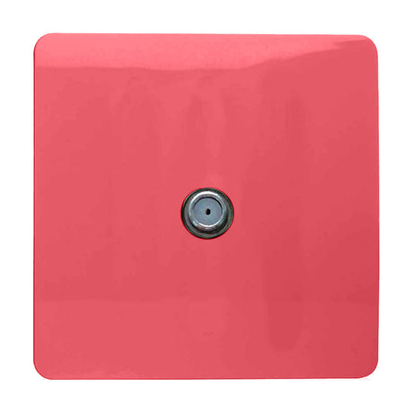 1 Gang Satellite Outlet in strawberry pink, a square screwless plate with a single central F-type connector, shown on a plain white background.