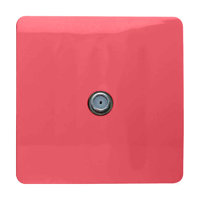 1 Gang Satellite Outlet in strawberry pink, a square screwless plate with a single central F-type connector, shown on a plain white background.