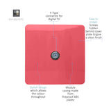 1 Gang Satellite Outlet in strawberry pink with screwless square plate and central F-type connector for digital TV, fireproof ABS casing, on a plain white background.