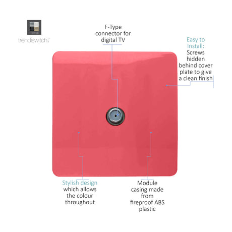 1 Gang Satellite Outlet in strawberry pink with screwless square plate and central F-type connector for digital TV, fireproof ABS casing, on a plain white background.