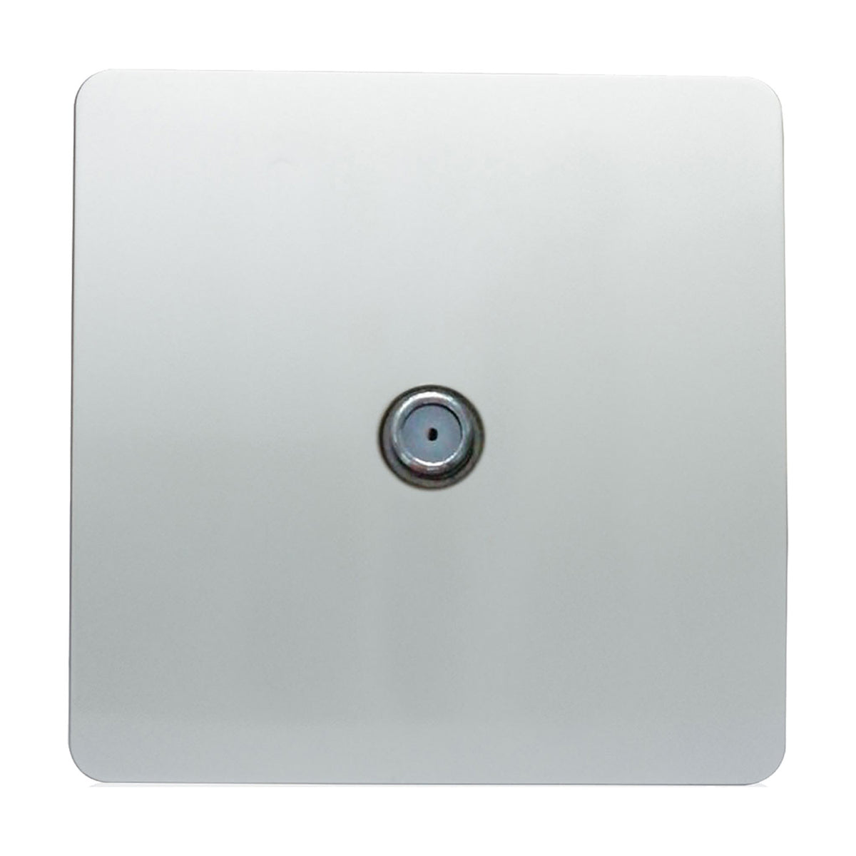 1 Gang Satellite Outlet in platinum silver, a flat screwless square plate with a single central F-type coaxial connector, shown on a plain white background.