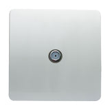 1 Gang Satellite Outlet in platinum silver, a flat screwless square plate with a single central F-type coaxial connector, shown on a plain white background.