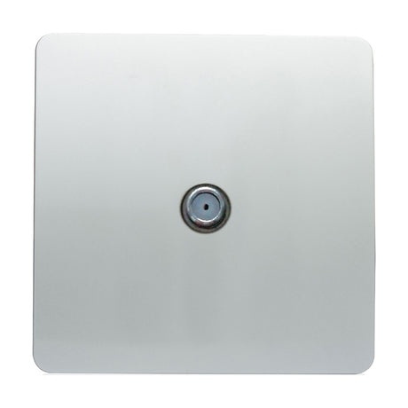 1 Gang Satellite Outlet in platinum silver, a flat screwless square plate with a single central F-type coaxial connector, shown on a plain white background.