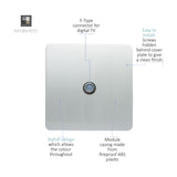 1 Gang Satellite Outlet in Platinum Silver, screwless square plate with central F-Type connector, annotated diagram on white background.