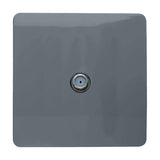 Square screwless 1 gang satellite outlet in warm grey, featuring a single central F-type connector, shown on a plain white background.