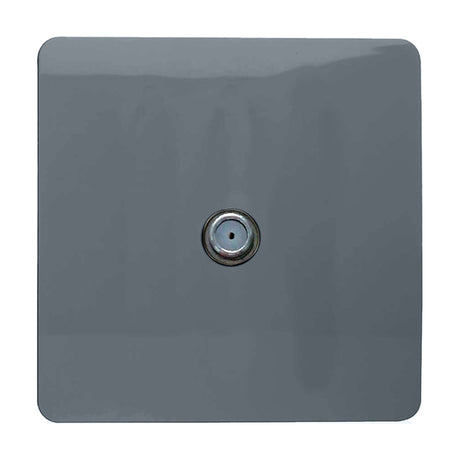 Square screwless 1 gang satellite outlet in warm grey, featuring a single central F-type connector, shown on a plain white background.