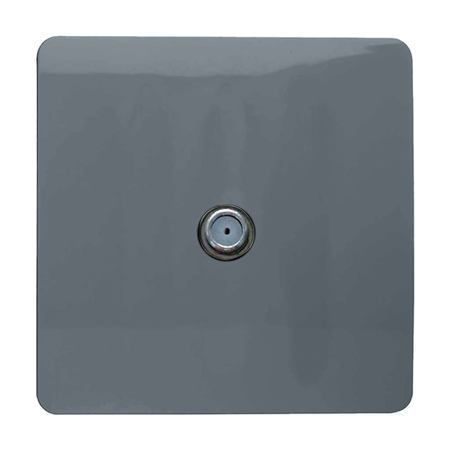 Square screwless 1 gang satellite outlet in warm grey, featuring a single central F-type connector, shown on a plain white background.