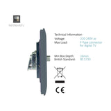 Side profile of a 1 Gang Satellite Outlet in warm grey, screwless plate with F-type connector and metal mounting bracket, shown with technical specifications on white background.