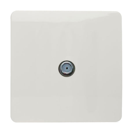 1 Gang Satellite Outlet in Ice White, square screwless plate with a single central F-type connector, on a plain white background.