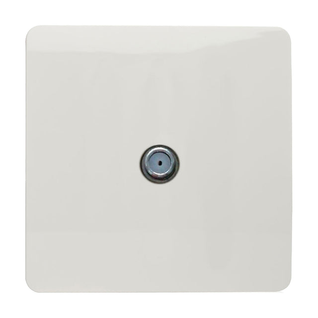1 Gang Satellite Outlet in Ice White, square screwless plate with a single central F-type connector, on a plain white background.