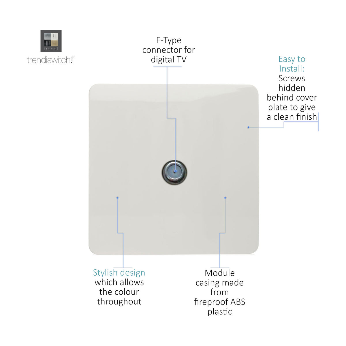 1 Gang Satellite Outlet in Ice White, square screwless plate with central chrome F-type connector, fireproof ABS casing, on a plain white background.