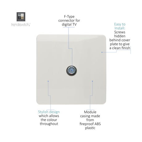 1 Gang Satellite Outlet in Ice White, square screwless plate with central chrome F-type connector, fireproof ABS casing, on a plain white background.