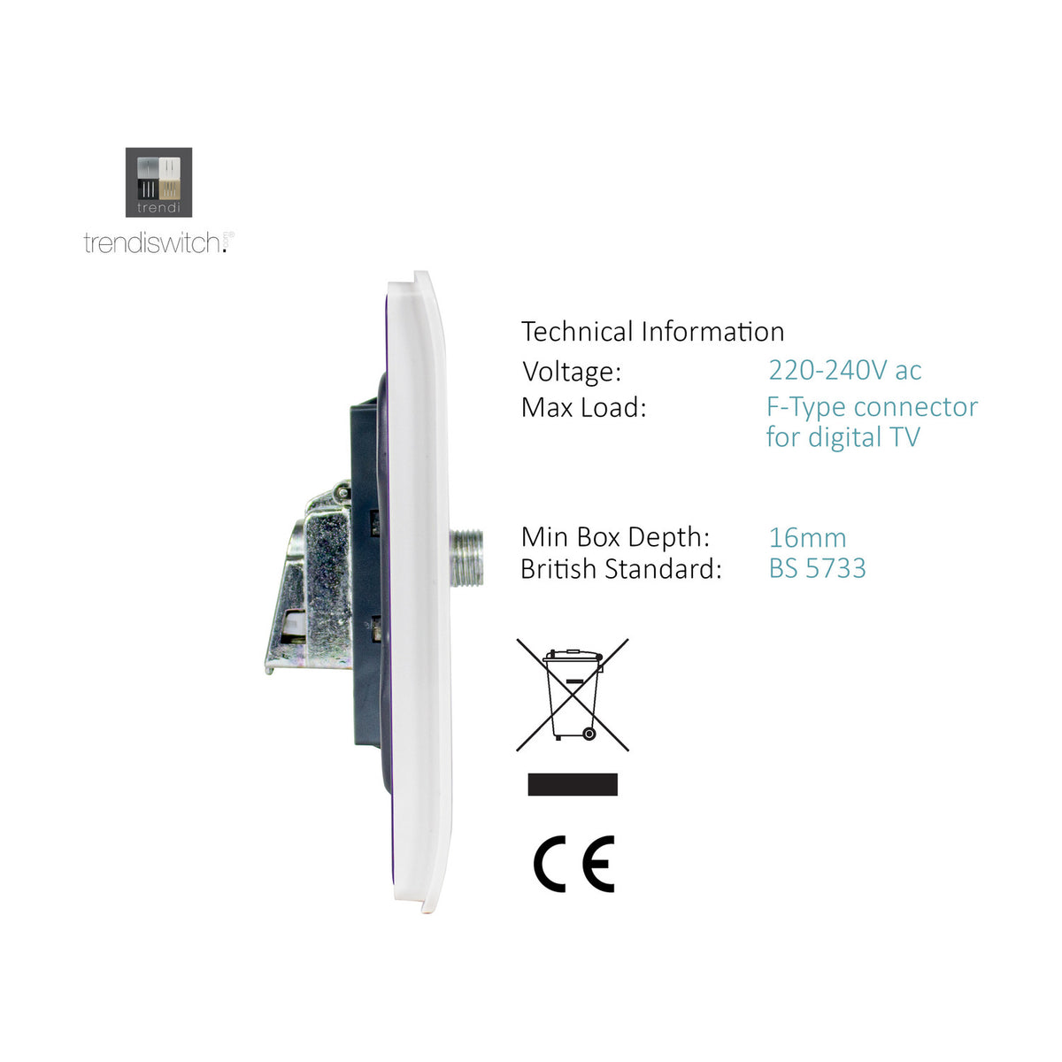 Side view of a 1 Gang Satellite Outlet in ice white, showing the F-type connector, metal mounting bracket, and screwless plate, with technical specifications on a white background.