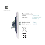 Side view of a 1 Gang Satellite Outlet in ice white, showing the F-type connector, metal mounting bracket, and screwless plate, with technical specifications on a white background.