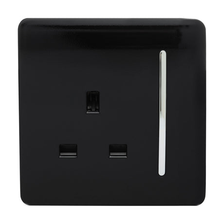 1 Gang Single 13A Socket in gloss piano black, square screwless plate with a chrome rocker switch, three-pin outlet, shown on a plain white background.